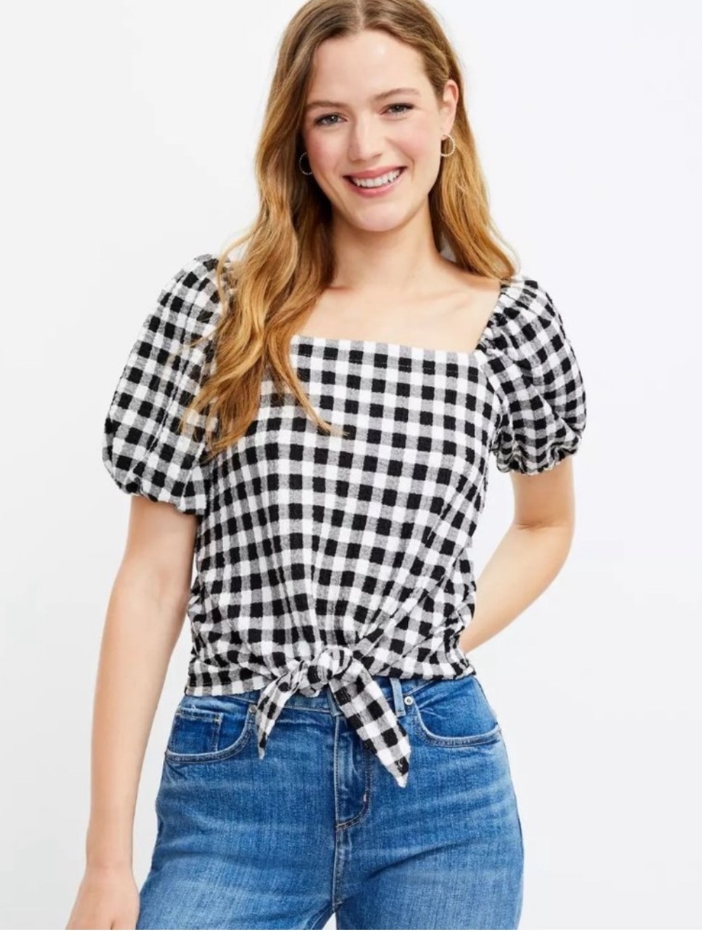 LIKE NEW Loft Gingham Tie Front Top